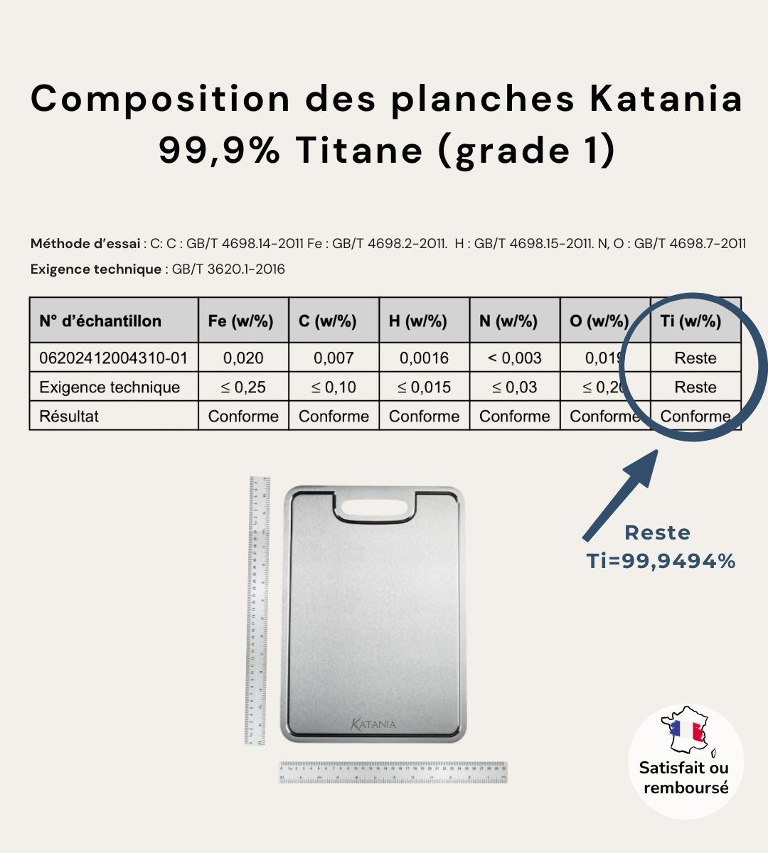 Planche certifiée titane pur 36x25cm